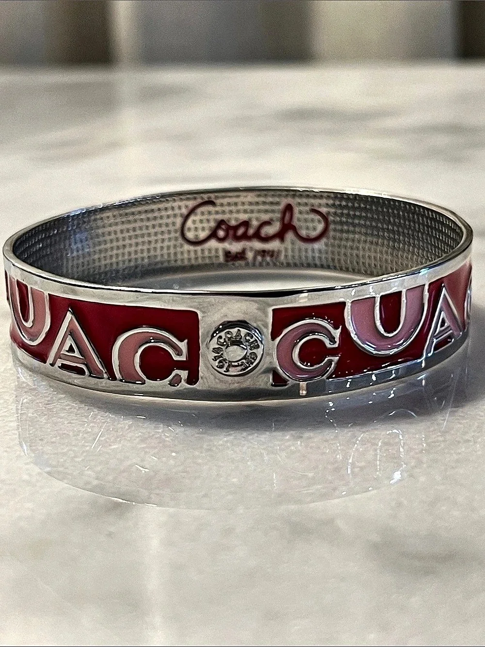Coach Signature Enamel Bangle Red & Silver Like New